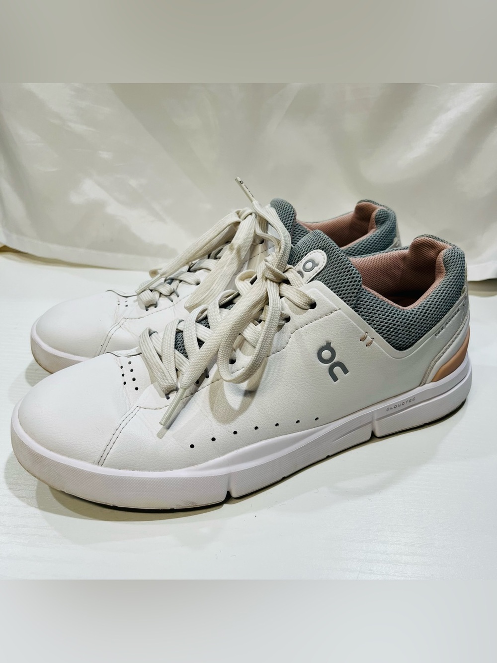 On Cloud Women's Low-Top Sneakers in White, Gray & Pink Accent
